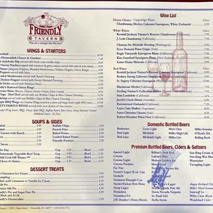 Menu for appetizers, soups, drinks, and desserts