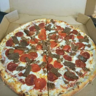 Large pepperoni and gyro meat.