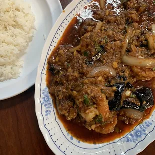 a plate of rice and a plate of stew