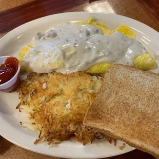A loaded with bacon and more omelette with sausage gravy.