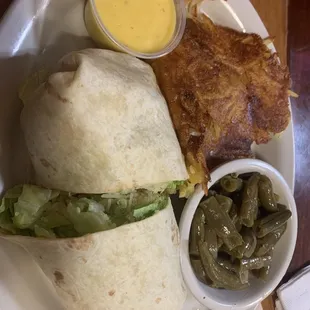 Chicken wrap with green beans and hashbrown casserole