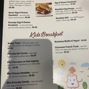 Menu. Breakfast Samdwiches and Kids Breakfast Menu.