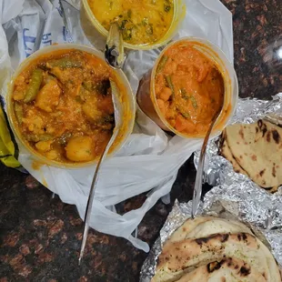 Mix Veg Curry, Vegetable Makhni, Tadka Daal, Garlic Naan, Tandoori roti.