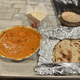 Paneer Tikka Masala, Naan and rice( I forgot which one this is but it&apos;s so flavorful).