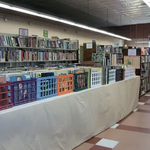 Vinyl, CDs, DVDs, books on CD, sheet music, songbooks.