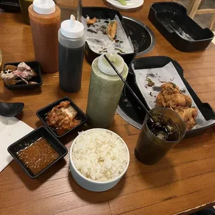 Three sauce options, spicy (green) sweet and spicy (red) , ponzu