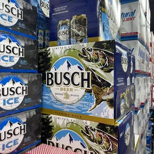 a stack of busch beer