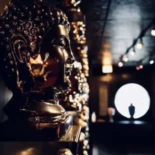 a buddha head in the middle of the room