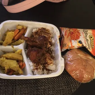 Jamaican jerk chicken; chips; croissant.