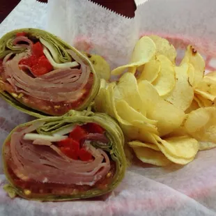 Friendship wrap on spinach tortilla.