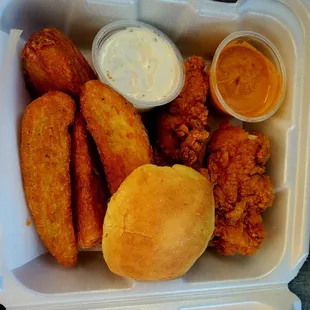 Jo jo fries tenders and a butter roll