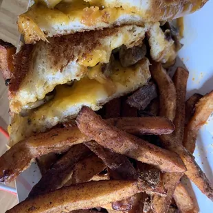 Daily special stroganoff grilled cheese with side of seasoned fries. Soooo good