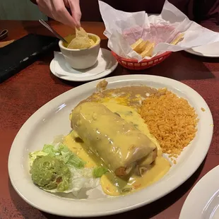 Barbacoa Chimichanga and cup of Queso