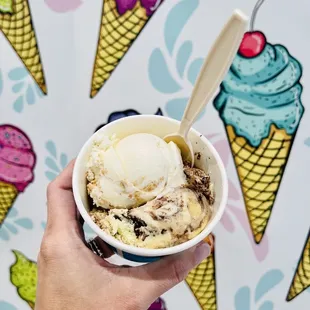 Small cup, 2 scoops, $4. Pictured: Peanut butter swirl and piece of cake
