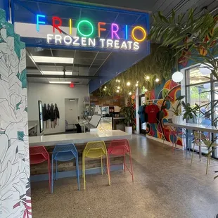 the entrance to a frozen treats store