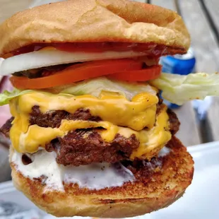 Double cheeseburger with everything, $9.00 + tax. Tastes like backyard burger, 3/5.