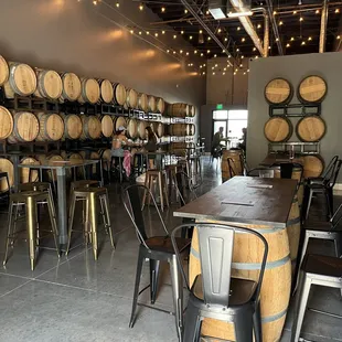 rows of wine barrels