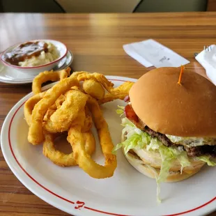 Farmboy, onion rings &amp; mashed potatoes with gravy