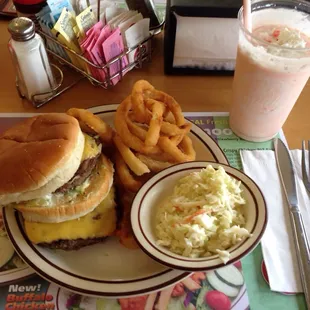 Super Big Boy Platter with onion rings, cole slaw, and a large strawberry shake.