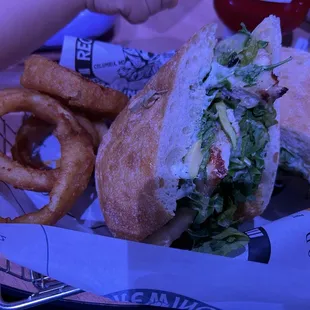 Sausalito Chicken Sandwich with onion rings- decent  The sauce could have used more flavor.