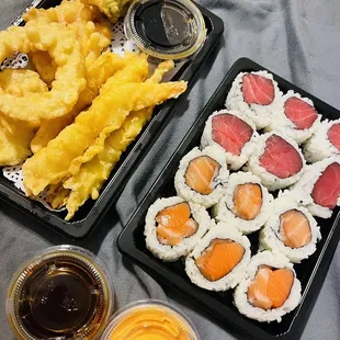 Salmon Roll, Tuna Roll, Combo Tempura Appetizer