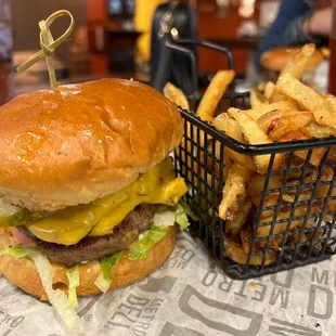 a cheeseburger and fries