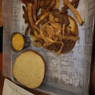 5 Oz half wagyu half chorizo smash burger missing jalapeños and the fries were eh small portion