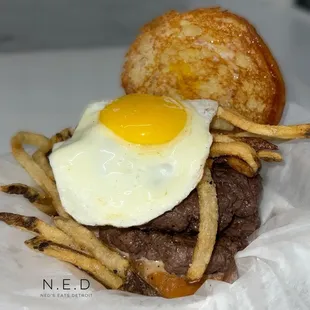 Double Beef Frita with Sunny Side Up Egg