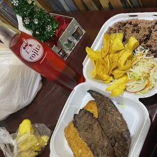 Carne Asada, gallo pinto, tajadas, queso frito, Rojita