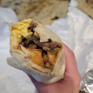 Steak egg potato breakfast burrito