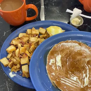 Chefs potatoes, side of pancakes and The Original Eggs Benedict