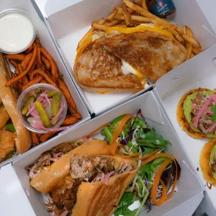 The Sandwiches: Shrimp Po Boy, The Badboy, Cheezy Boy, Carnitas Arepa