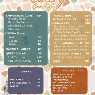Menu Empanadas, lumpias, carnitas arepa, quesadillas, cubano sandwich, carne asada fries, baja wrap, fish and chips, shrimp and chips