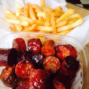 Sausage burnt ends and fries