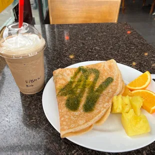 Frozen banana mocha &amp; breakfast crepe.