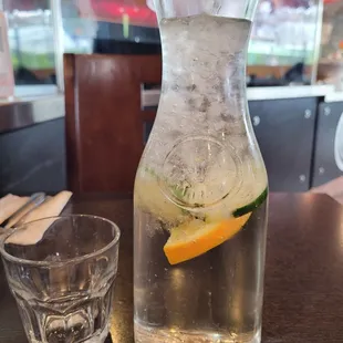 Complimentary ice water with cucumber and orange or lemon! So refreshing