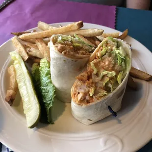 Buffalo chicken wrap and fries