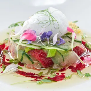 CEVICHE - Fresh black drum w/ capers, mango, serrano chives, strawberry, beetroot, lemon marinade w/ coriander &amp; radish, coconut air