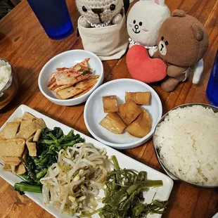 Kimchi, potato, white rice, seaweed, bean sprouts, choy sum, and Braised tofu