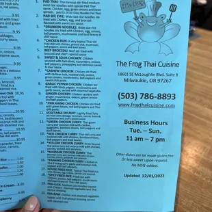 the menu for the frog thai cuisine