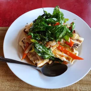 Crispy eggplant in sweet chili sauce. Gluten free and vegan.