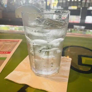 a glass of water on a napkin