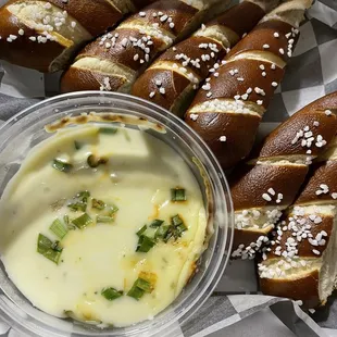 Bavarian Pretzels thank goodness we are close. The cheese dip had no lid.