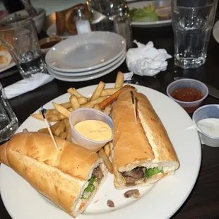 Pork bahn mi and French fries with a side of extra spicy mayo:)