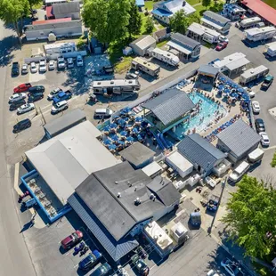 an aerial view of a parking lot