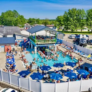 an aerial view of a swimming pool