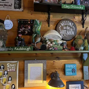 a shelf full of items