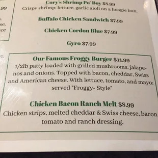 What's on the Our Famous Froggy Burger