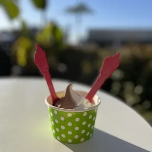 a cup of ice cream with a spoon sticking out of it