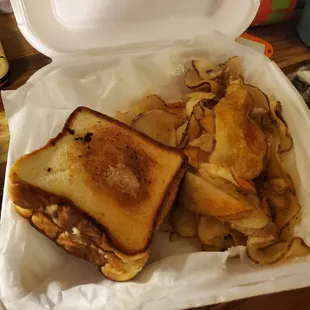 Mushroom Swiss burger with raw fries. Really good.